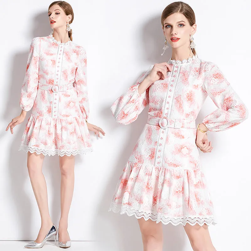 CM-DY082162 Women Retro European Style Pinched Waist Hollow A-Line Mini Dress