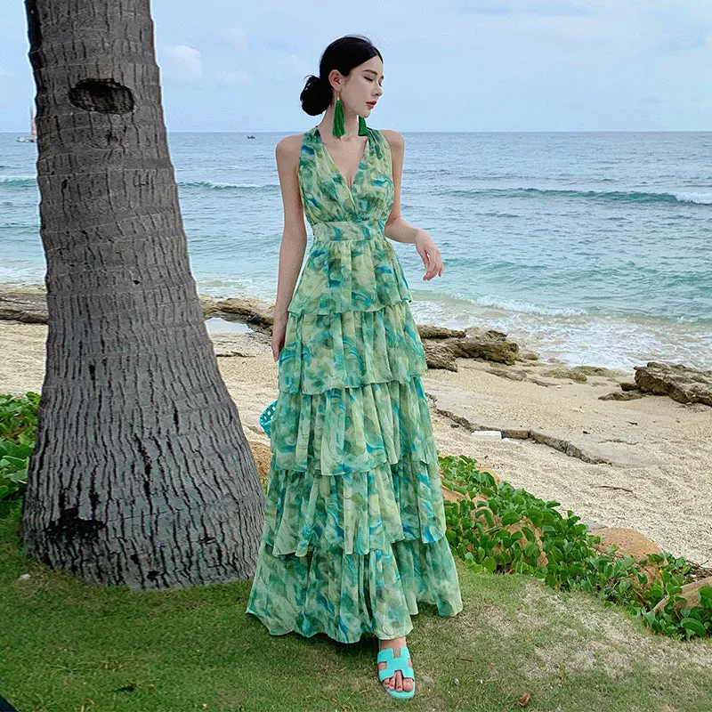 CM-DY093130 Women Trendy Bohemian Style V-Neck Sleeveless Maxi Dress - Green