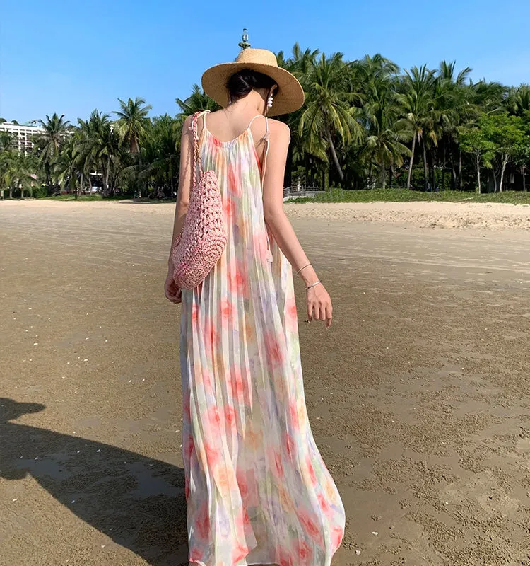 CM-DY094846 Women Trendy Bohemian Style Sling Floral Print Long Pleated Dress