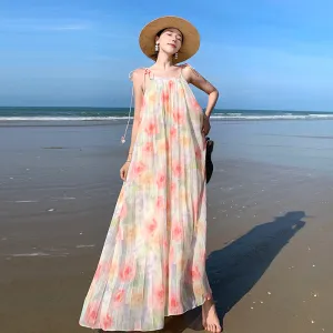 CM-DY094846 Women Trendy Bohemian Style Sling Floral Print Long Pleated Dress