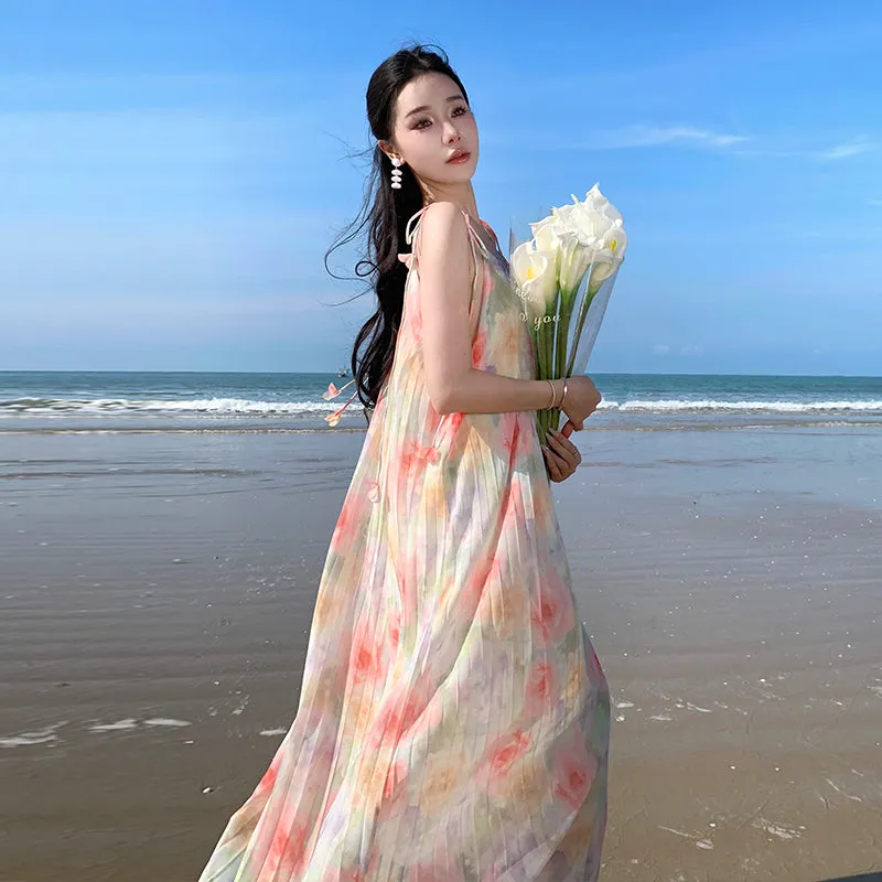 CM-DY094846 Women Trendy Bohemian Style Sling Floral Print Long Pleated Dress