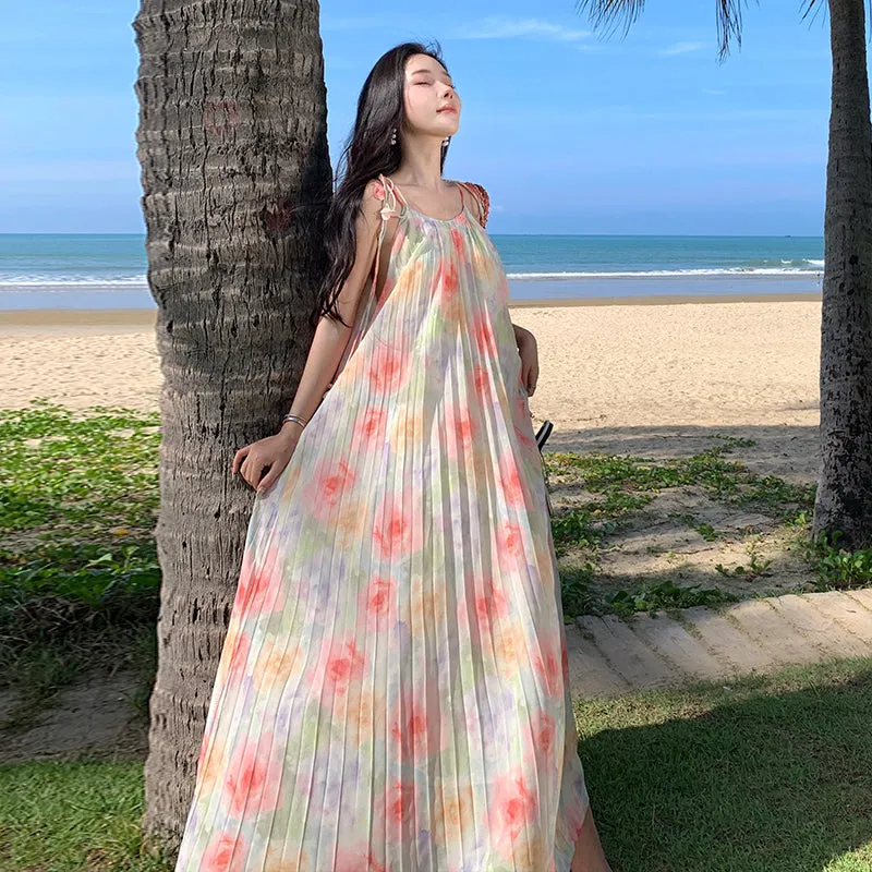 CM-DY094846 Women Trendy Bohemian Style Sling Floral Print Long Pleated Dress