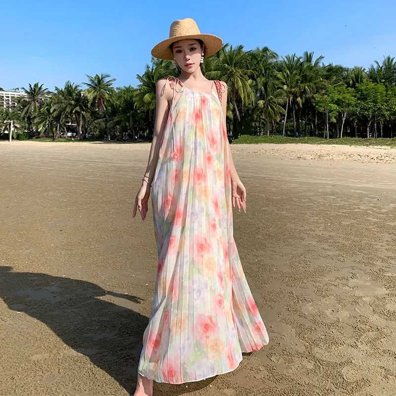 CM-DY094846 Women Trendy Bohemian Style Sling Floral Print Long Pleated Dress