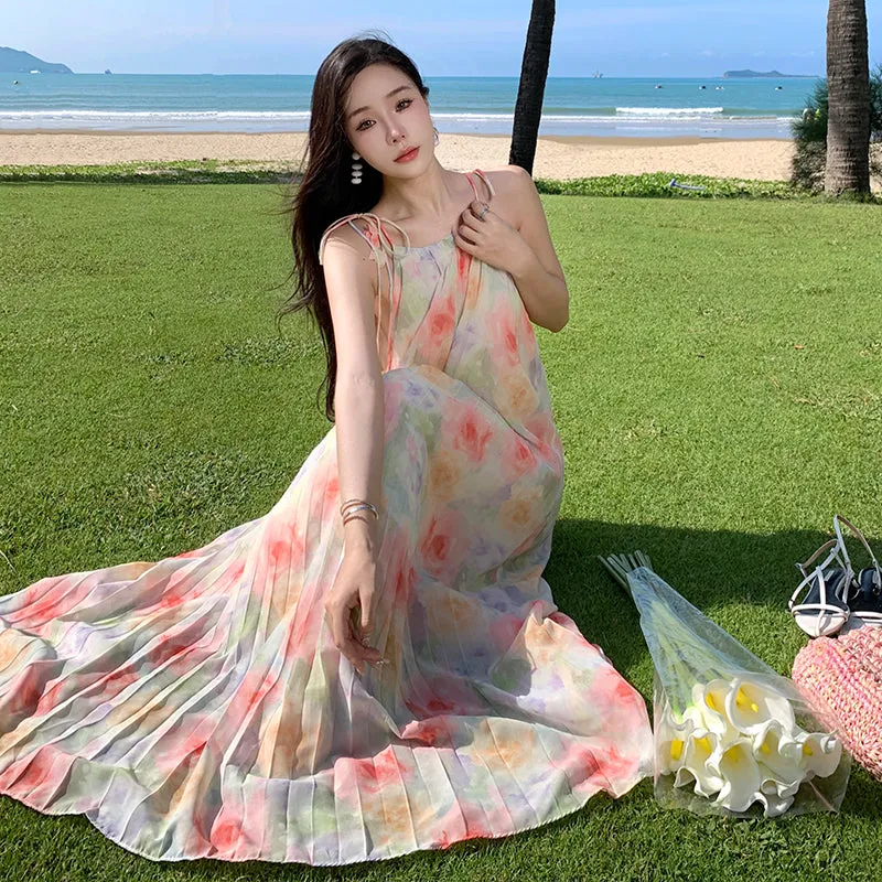 CM-DY094846 Women Trendy Bohemian Style Sling Floral Print Long Pleated Dress