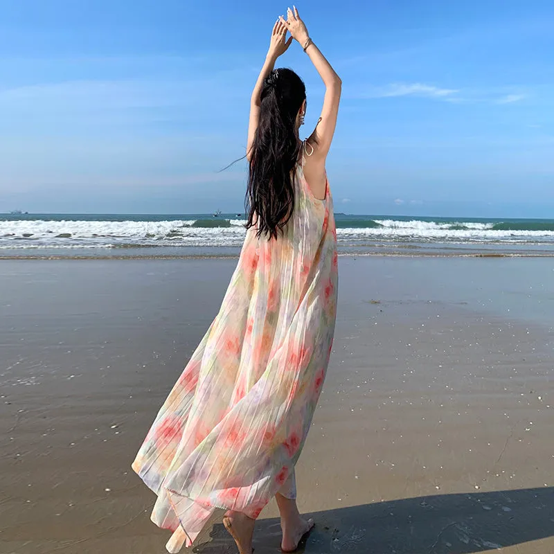 CM-DY094846 Women Trendy Bohemian Style Sling Floral Print Long Pleated Dress
