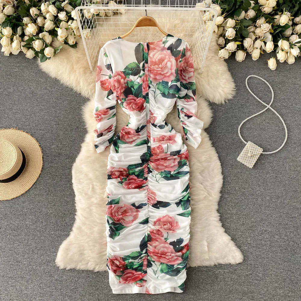 CM-DY096468 Women Elegant Euroepan Style Long Sleeve Pinched Waist Midi Dress