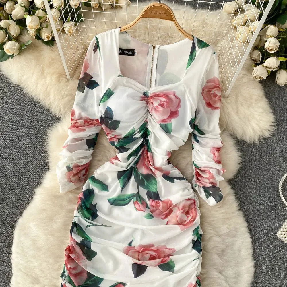 CM-DY096468 Women Elegant Euroepan Style Long Sleeve Pinched Waist Midi Dress