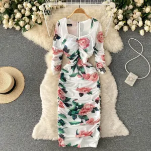 CM-DY096468 Women Elegant Euroepan Style Long Sleeve Pinched Waist Midi Dress