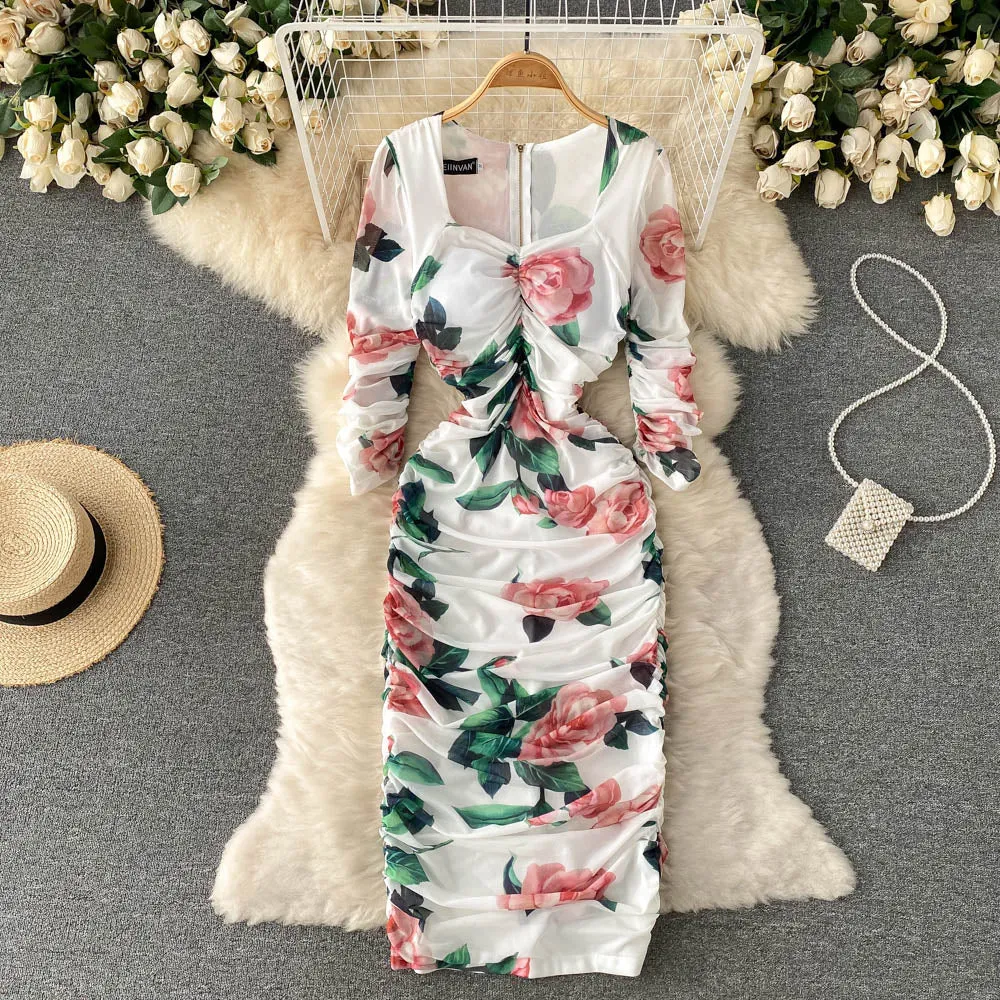 CM-DY096468 Women Elegant Euroepan Style Long Sleeve Pinched Waist Midi Dress