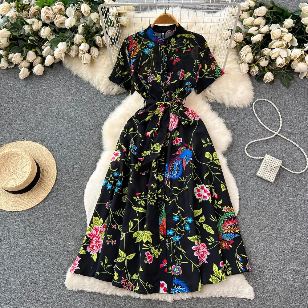 CM-DY096477 Women Elegant European Style Floral Prints Short Sleeve High Waist Dress