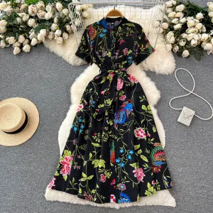 CM-DY096477 Women Elegant European Style Floral Prints Short Sleeve High Waist Dress