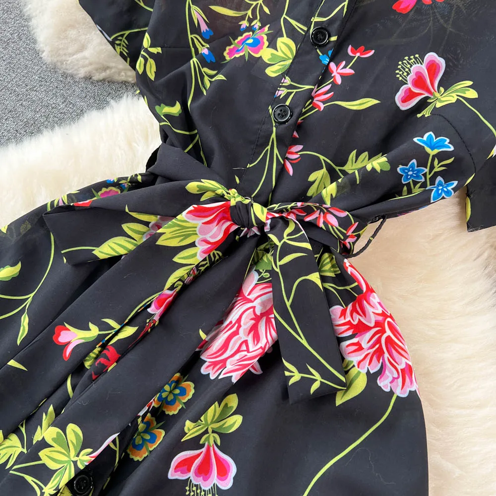CM-DY096477 Women Elegant European Style Floral Prints Short Sleeve High Waist Dress