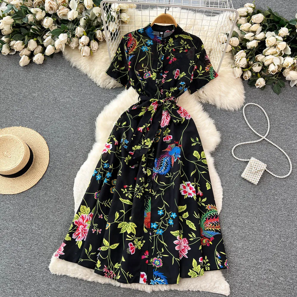 CM-DY096477 Women Elegant European Style Floral Prints Short Sleeve High Waist Dress