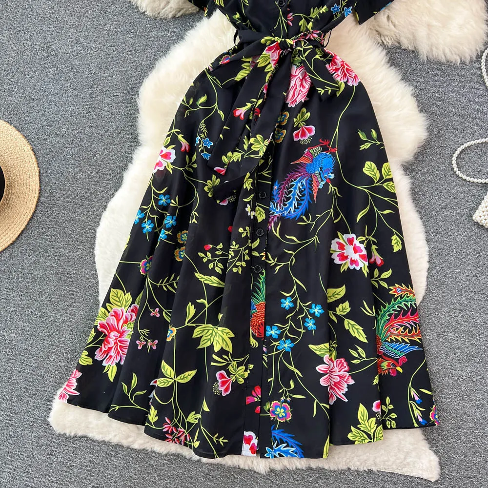 CM-DY096477 Women Elegant European Style Floral Prints Short Sleeve High Waist Dress