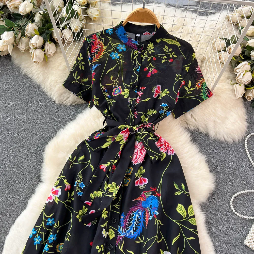 CM-DY096477 Women Elegant European Style Floral Prints Short Sleeve High Waist Dress