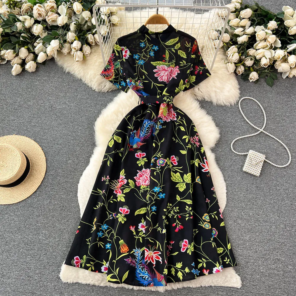 CM-DY096477 Women Elegant European Style Floral Prints Short Sleeve High Waist Dress