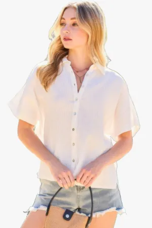 Collar Neck Button Down Sides Slit Oversized Solid Shirt Top