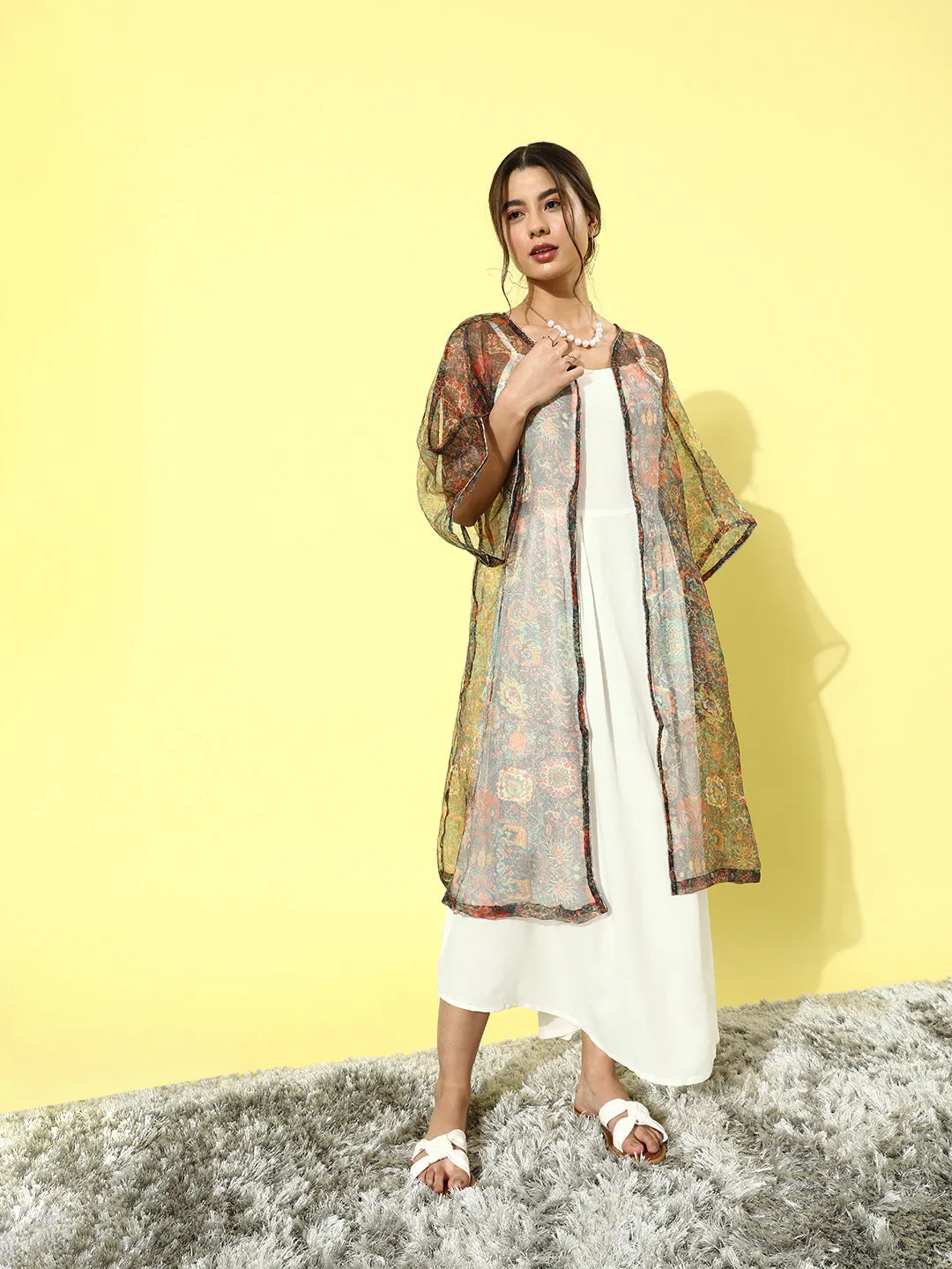 Cream - Multi Colour Organza Cape Set
