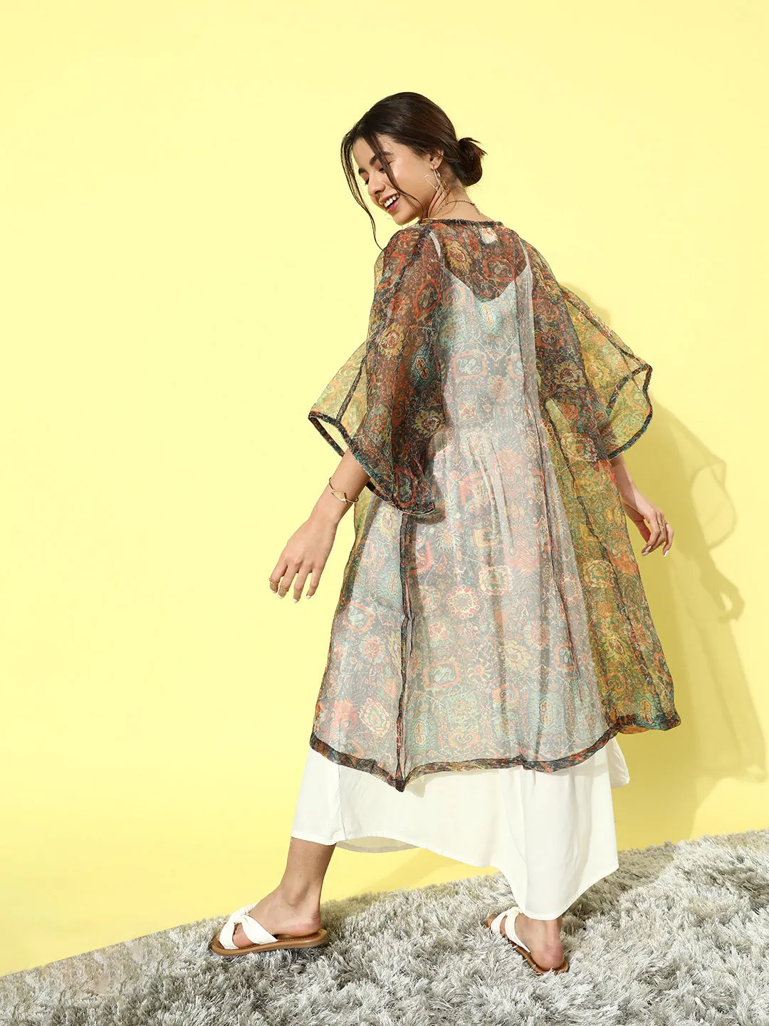 Cream - Multi Colour Organza Cape Set