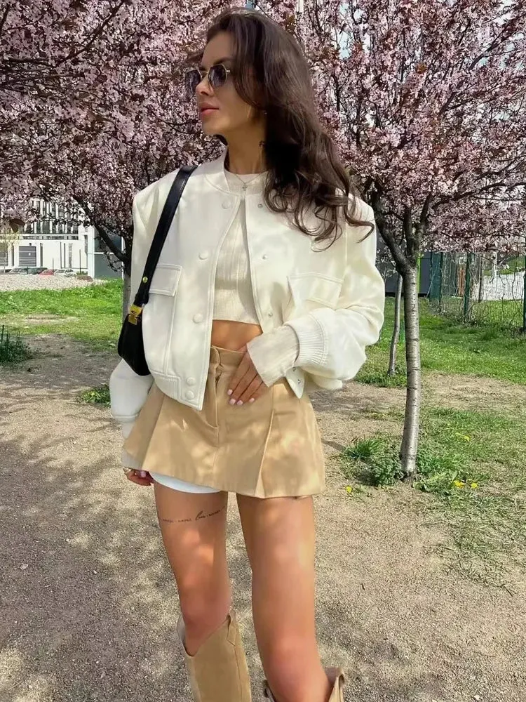 Cropped White Bomber Jacket - Casual Aviator Style