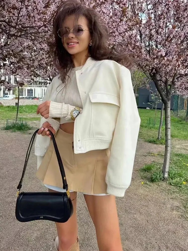 Cropped White Bomber Jacket - Casual Aviator Style