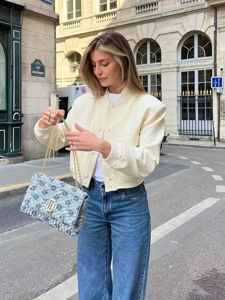 Cropped White Bomber Jacket - Casual Aviator Style