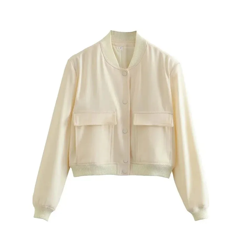 Cropped White Bomber Jacket - Casual Aviator Style