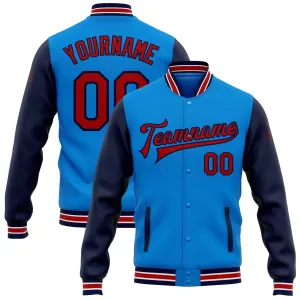 Custom Powder Blue Red-Navy Bomber Full-Snap Varsity Letterman Two Tone Jacket