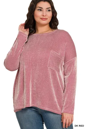 Dark Red Plus Ribbed Striped Oversized Long-Sleeve Top