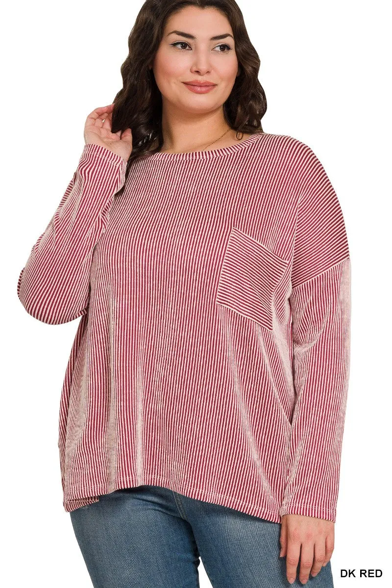 Dark Red Plus Ribbed Striped Oversized Long-Sleeve Top