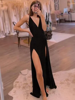 Deep V Neck Black Slit Prom Dresses, Black V Neck Backless Formal Graduation with High Slit
