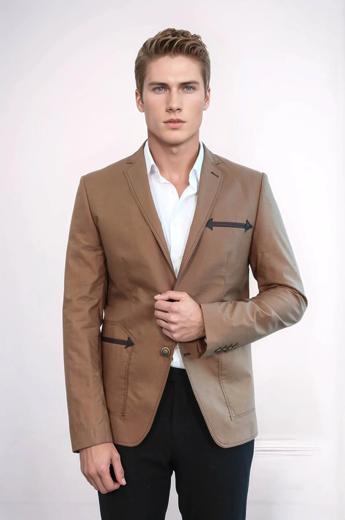 Double Button Mono Lapel Bag Pocket Cotton Tan Jacket-Wessi