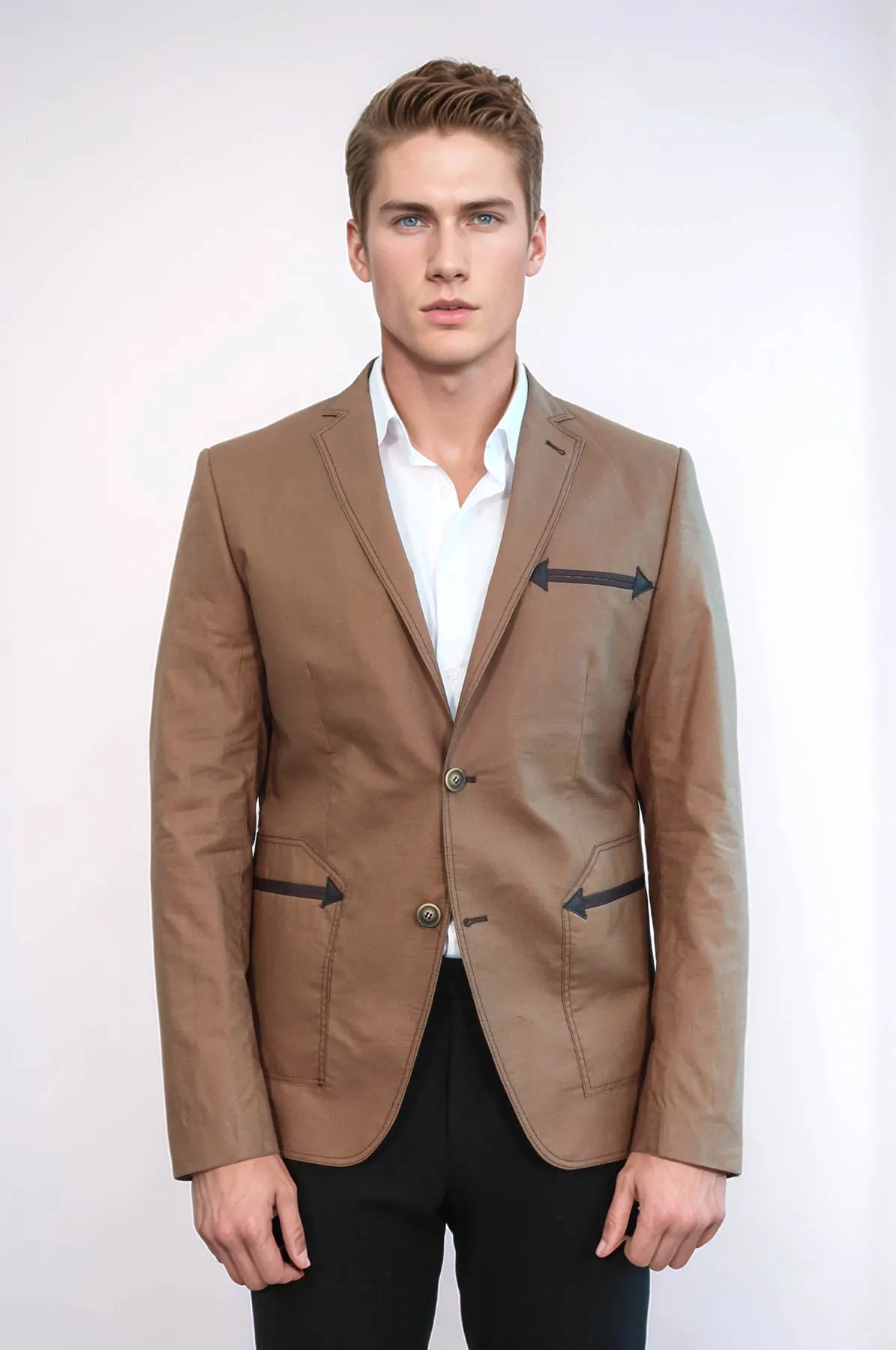 Double Button Mono Lapel Bag Pocket Cotton Tan Jacket-Wessi