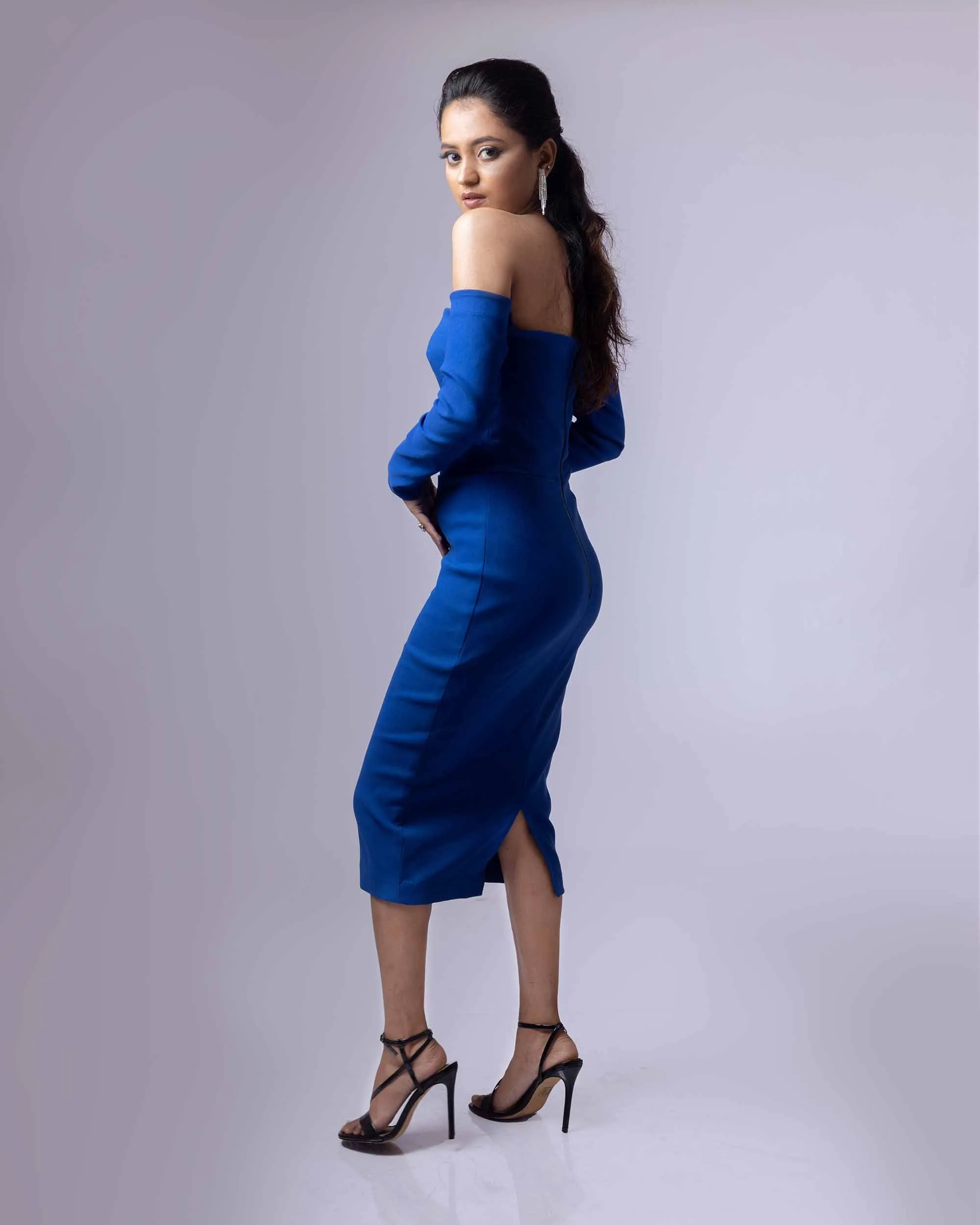 DRAMAQUEEN'S  SAPPHIRE OFF  SHOULDER FULL SLEEVES DRESS