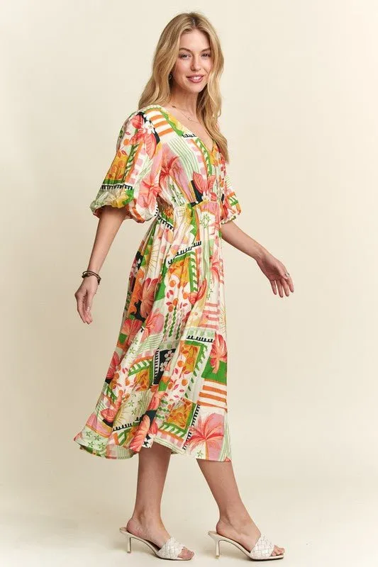 Effortless Elegance: ADORA Floral V-Neck Puff Sleeve Midi Dress Must-Have