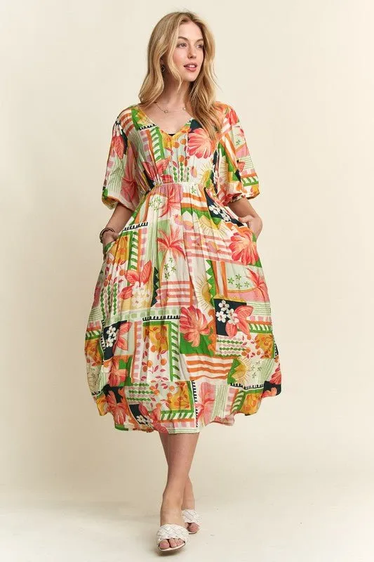 Effortless Elegance: ADORA Floral V-Neck Puff Sleeve Midi Dress Must-Have