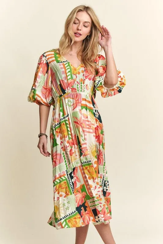 Effortless Elegance: ADORA Floral V-Neck Puff Sleeve Midi Dress Must-Have
