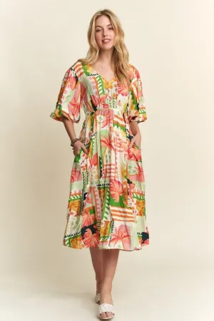 Effortless Elegance: ADORA Floral V-Neck Puff Sleeve Midi Dress Must-Have
