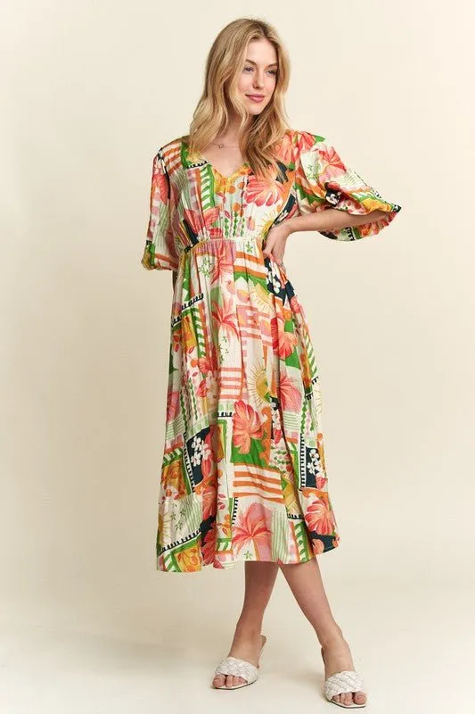 Effortless Elegance: ADORA Floral V-Neck Puff Sleeve Midi Dress Must-Have