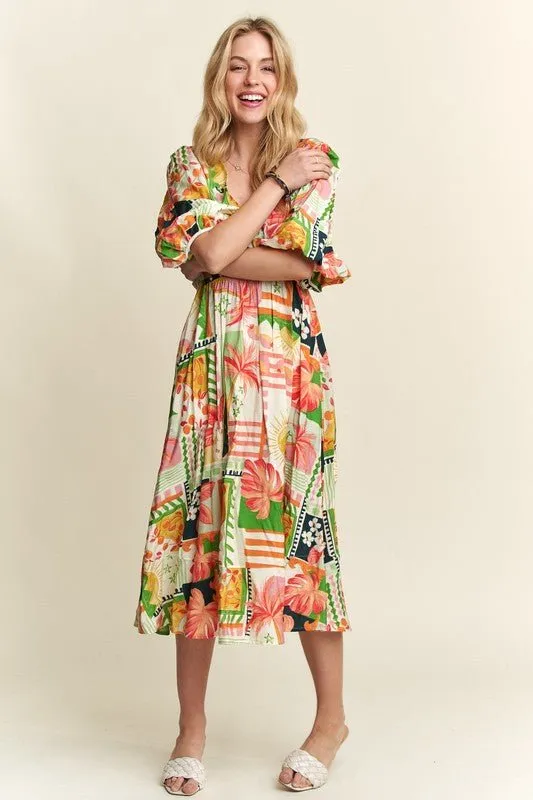 Effortless Elegance: ADORA Floral V-Neck Puff Sleeve Midi Dress Must-Have