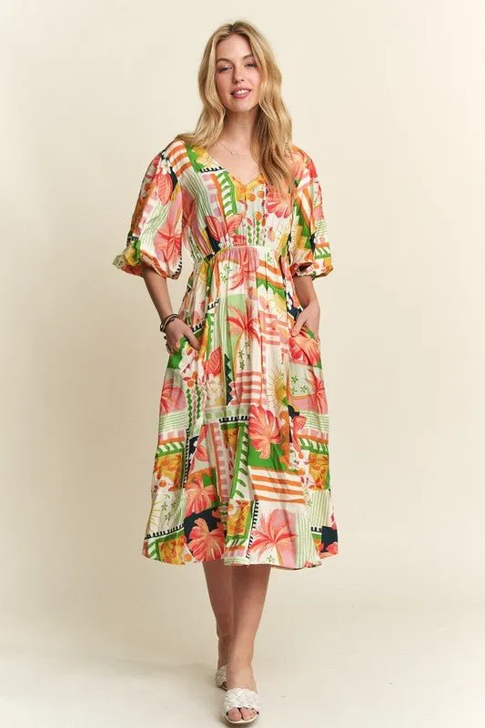 Effortless Elegance: ADORA Floral V-Neck Puff Sleeve Midi Dress Must-Have