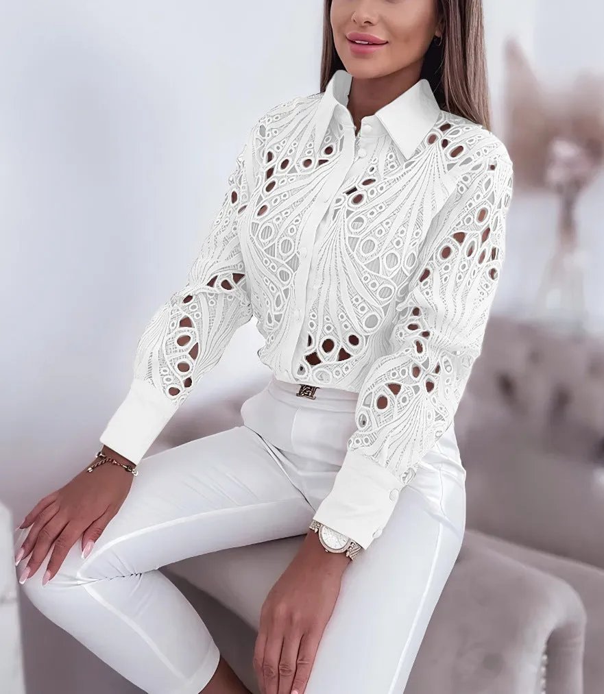 Elegant Lace Hollow Design Long-Sleeve Shirt for Refined Office Glam