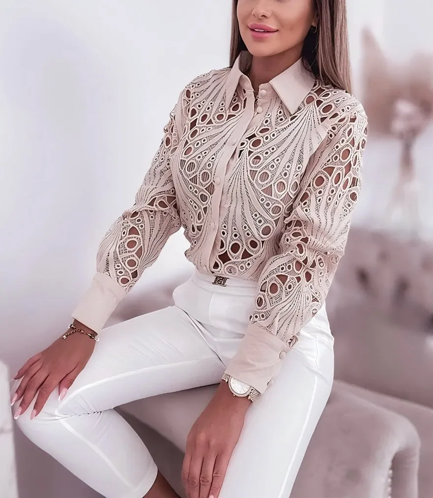 Elegant Lace Hollow Design Long-Sleeve Shirt for Refined Office Glam