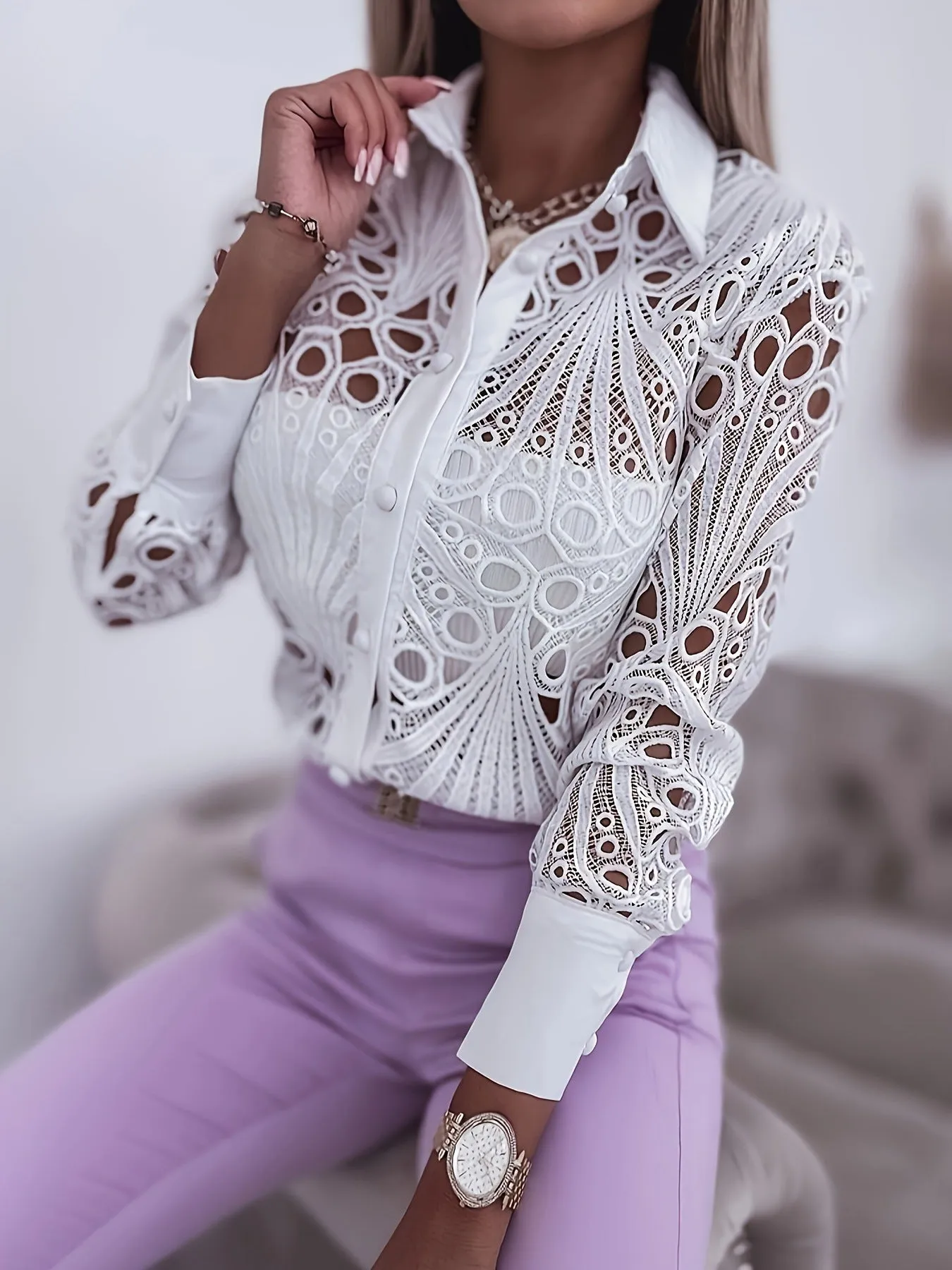 Elegant Lace Hollow Design Long-Sleeve Shirt for Refined Office Glam