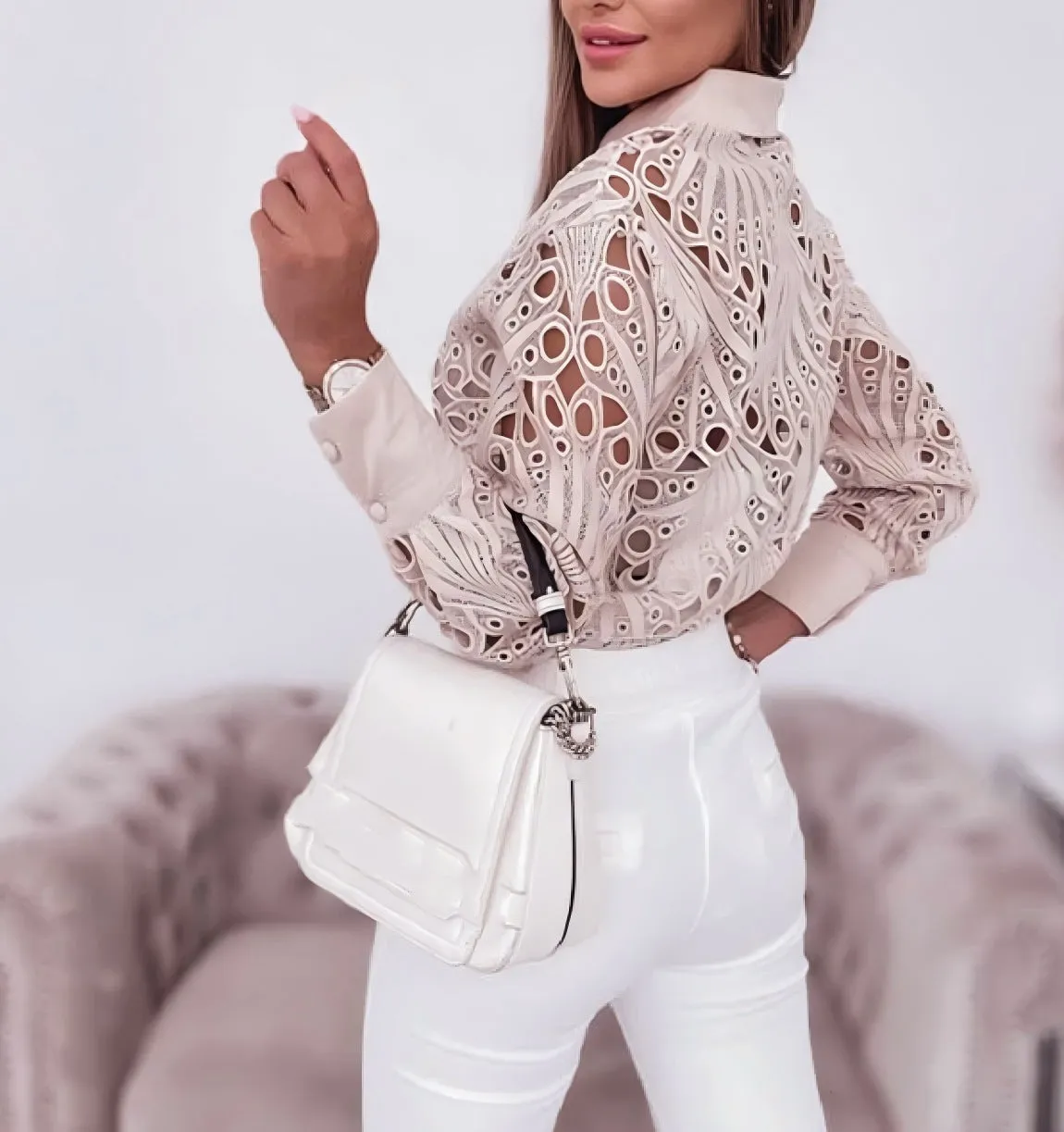 Elegant Lace Hollow Design Long-Sleeve Shirt for Refined Office Glam