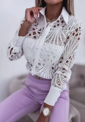 Elegant Lace Hollow Design Long-Sleeve Shirt for Refined Office Glam