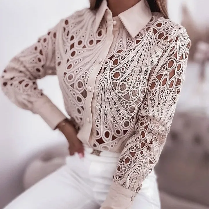 Elegant Lace Hollow Design Long-Sleeve Shirt for Refined Office Glam