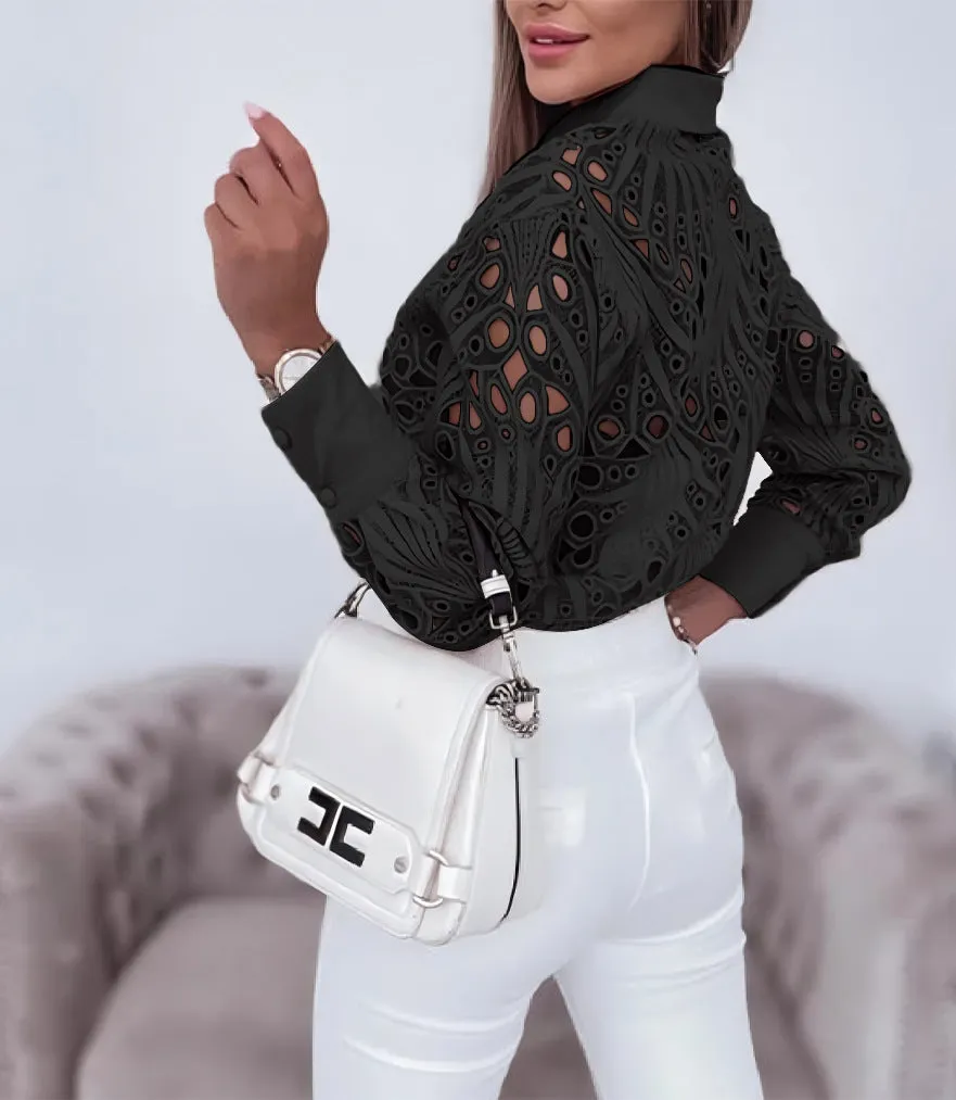 Elegant Lace Hollow Design Long-Sleeve Shirt for Refined Office Glam