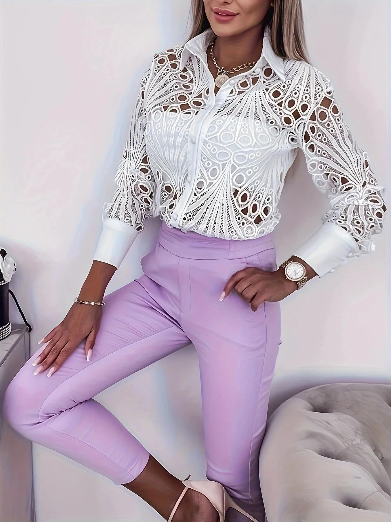 Elegant Lace Hollow Design Long-Sleeve Shirt for Refined Office Glam
