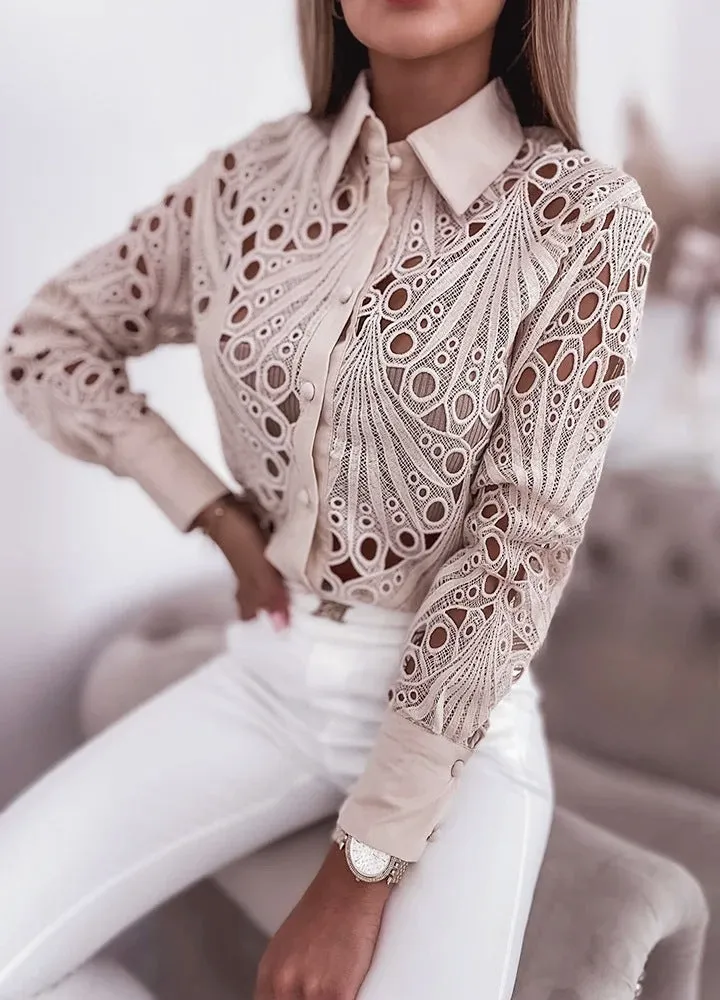 Elegant Lace Hollow Design Long-Sleeve Shirt for Refined Office Glam